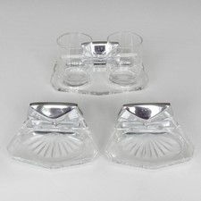 Vintage Bad Garnitur 2 Seifenschalen & 2 Zahnputzbecher Glas Chrom Wandhalterung