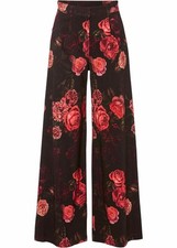 Weite Hose High Waist Gr. 34 Dunkelrot Geblümt Damenhose Freizeit-Pants Neu