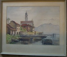 ::HG.BUNZ KIRCHE SEE DORF HÄUSER HIMMEL BOOTE SOMMER WARM SÜDLICH ANTIK SIGNIERT