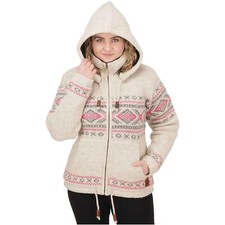 Damen gefütterte Wolljacke Strickjacke Goa Wolle Jacke Norweger Muster Kapuze