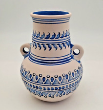 ? traditionelle STEINZEUG-VASE naturbelassen, blau handbemalt - Ibiza 2000er