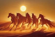 Wandbild: Sieben Pferde laufen Sand Sonnenuntergang Wandposter Mojave [...]