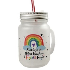 Regenbogen Mason Jar Henkel Trinkglas mit Deckel mit Spruch Kacktage in Glitzer