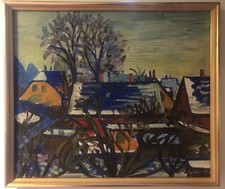 Eyvind Olesen (1907-1995) Expressive Stadtszene Mid Century Ölgemälde von 1959