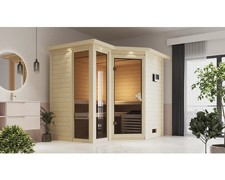 Elementsauna Karibu Limonit inkl. 9 kW Bio Ofen u.ext.Steuerung mit Dachkranz un