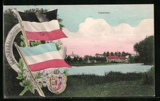 AK Reinfeld i /Holst., Panorama, Rettungsring mit Fahnen und Wappen 1913 