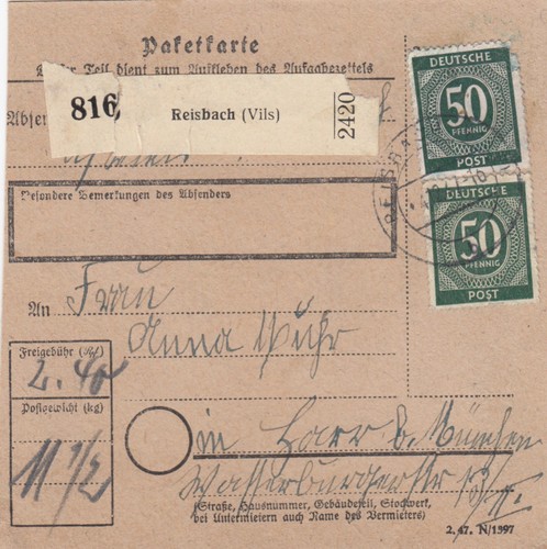 Paketkarte 1947 reisbach - paketkarte,