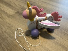 NEU Nachziehtier Holz Einhorn Rosa Flügel Bewegen Sich Bieco Holzspielzeug