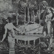 Wilhelm Wohlgemuth Farblithografie auf Bütten Nymphe und Angler 20 Jhd