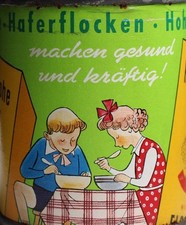 alt Blechdose Spardose Hohenlohe 5 Minuten Haferflocken Papier Sparbüchse
