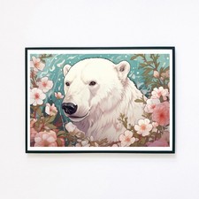 Eisbär Botanisch Rosa Blumen Winter Illustration A5 Wanddeko Kunstdruck 