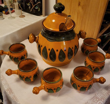 Vintage W.Germany 70er Keramik Bowle Set ,Topf+6 Becher+Kelle, ca.5L midcentury!