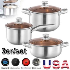 3 Stk Induktion Gas Edelstahl Kochgeschirr Küche Glas Deckel Topf Pfanne Ess Set