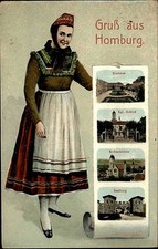 Homburg Hessen 1935 Mehrbild-AK Frau in Tracht Stempel Römerberg Festspiele