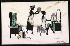 Künstler-AK Manni Grosze: Zofe reicht einer Dame einen Hut 