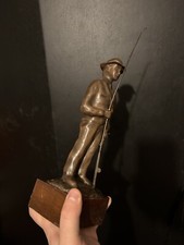 Vintage/antik Kupfer oder Bronze Metall Fischer Angelfigur Mann Rute Statue