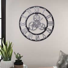 Silber Wanduhr Römische Ziffern Zahnrad Uhr Holz Wohnzimmer leise Wanduhr 58cm 