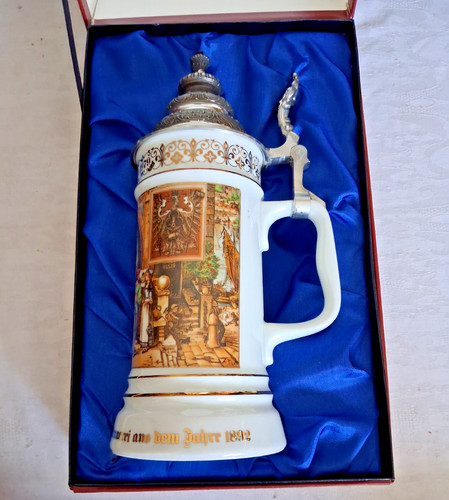Porzellan bierkrug zinndeckel - porzellan,