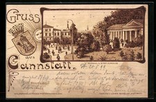 Holzbrand-Imitations-AK Cannstatt, Kursaal u. Städt. Kurhaus, Wappen 1899 