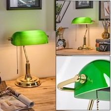Vintage Bankerlampe Tischleuchte, Metall/Glas, Gold/Grün/Weiß, E27 Zugkette