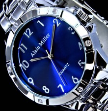 Alain Miller Herren Armband Uhr Blau Silber Farben Datum 012