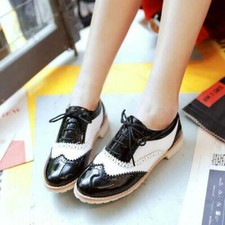 Women Lace Up Flats Oxford Shoes Black And White Cuban Heel Casual Brogue Colleg
