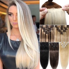 Clip in Extensions Dick Indisches Echthaar Haarverlangerung Glatt 8 Tressen Weft