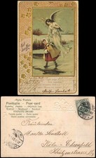Engel Angel Schutzengel Kind auf dem Eis Goldornament 1903 Goldrand/Prägekarte