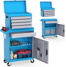 Werkstattwagen Werkzeugwagen + Aufsatz große Tür Werkzeugkiste blau 5 Schubladen