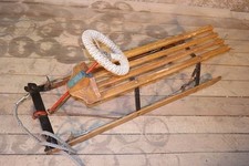 alter Lenkschlitten Schlitten Rodel Holz Holzschlitten mit Lenkrad Winter