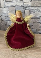 Antiker Rauschgold-Weihnachts-Engel Wachsgesicht Samtkleid bordeaux goldene Flüg