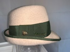 Trilby Damenhut, Vintage, Wolle/Filz, cremfarben mit grünem Band
