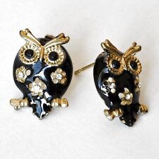 Eulen Ohrringe Ohrstecker schwarz Strass Emaille Owl Gufo Hibou