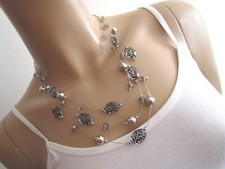 Collier Damen Hals Kette Modekette kurz Silber Schwarz Perlen Leo 3 Reihig Neu