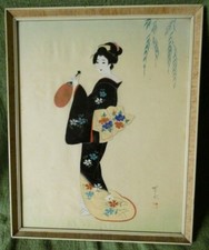 Altes Geisha Bild auf Seide, Rahmen, signiert, 44,5 cm x 36 cm 60er/70er J.