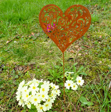 "HERZ" 38 cm großer Deko Stab aus rostigem Metall (Eisen) Pflanzstab