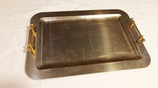 Edelstahl Serviertablet, Servierteller, rechteckig,vertieft,  mit Messinggriffen