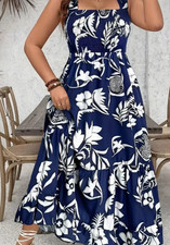 Elegantes Damen-Blumen-Maxi-Kleid - Navyblau und Weiß, Sommerkleid, oversize