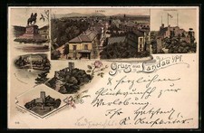 Lithographie Landau / Pfalz, Ortsansicht aus der Vogelschau, Madenburg, Trifels 