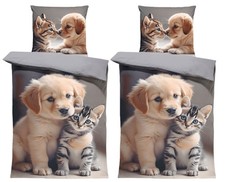 4 teilig Bettwäsche 135x200 cm Hunde Katzen grau Biber Winter Flanell Baumwolle