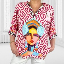 ITALY Oversize Bluse Tunika Kurzarm Damen Hemd Viskose Kopf Frau Pink