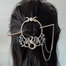 Edler HAARSCHMUCK Wikinger HAARSPANGE silberfarbener DRACHE m. Mondphasen Kette