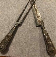 Antikes, barockes Fuhrmannsbesteck mit Holzgriff und Silbermontur 