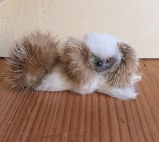 alte Tierfigur Pekinese Hund weiß hellbraun, für Puppenstube Pappemache mit Fell