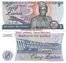 Zaire 5 Zaires 1985 Unc  P 26  692#❇️..