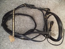 Trense Warmblut mit schwed. Reithalfter schwarz/gold mit Gurtzügeln