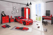 Kinderzimmer komplett Set mit Autobett 5 teilig LED Lattenrost Schrank Kommode