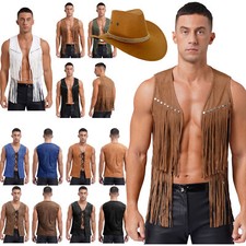 Herren 60er 70er Jahre Hippie Kostüm Westen Cowboy Fransenweste +Hut Halloween 