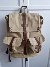 GROßER RUCKSACK IN KHAKI MIT BRAUNEN LEDERABSETZUNGEN TASCHE UNISEX REISETASCHE 