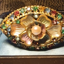 Antike Brosche Art Deco  Neiger Brothers Design bunte Glassteine Pastellemaille 